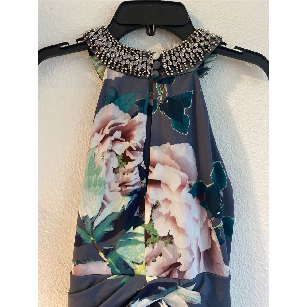 Women's Debut Gray Floral Neck Cross Rhinestone Dress Sz 6 US Or 10 London‎ - Picture 9 of 14